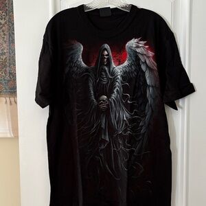 Vintage Spiral Black Graphic T-Shirt with Angel Design Sz L New